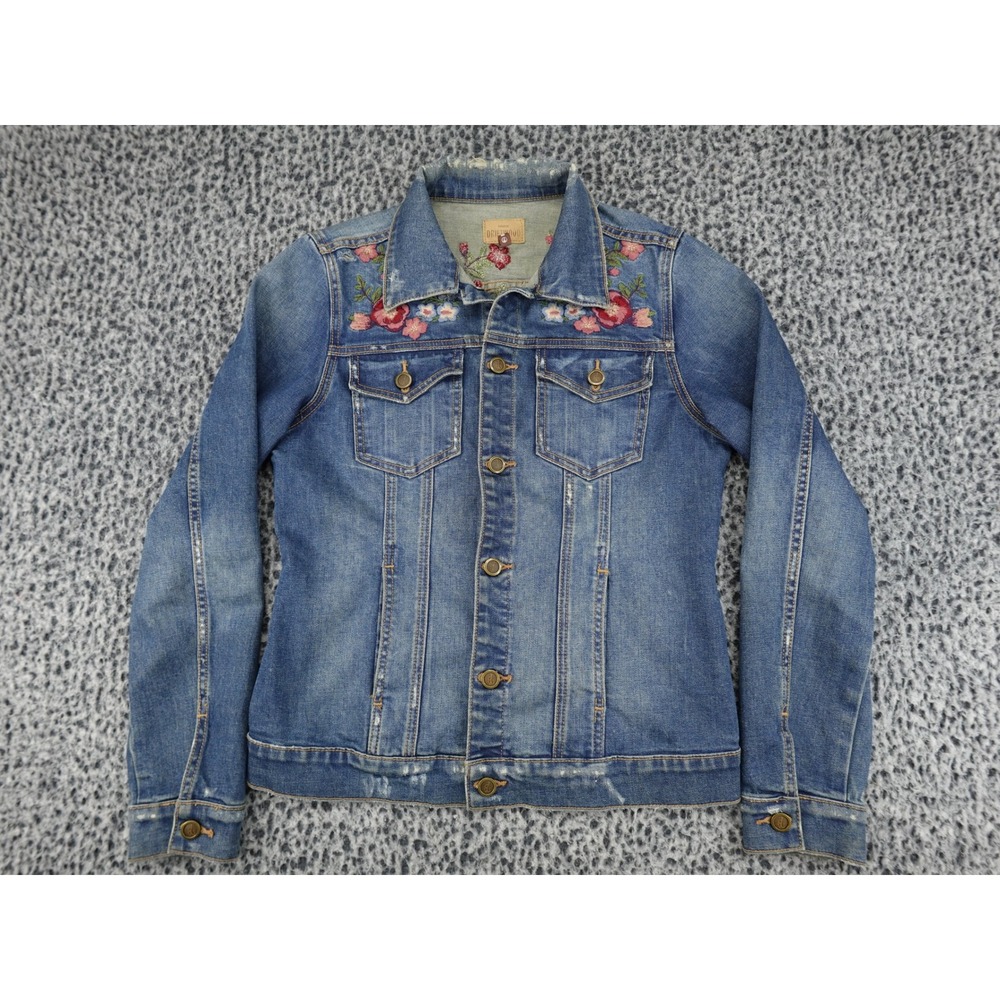 Driftwood Geena Denim Jacket Womens Small‎ Blue Floral Embroidered Distressed